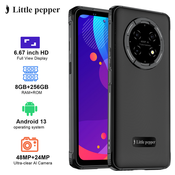 Little pepper Cell phones Black Smartphone, 6.67 Inch HD Display, 8GB RAM 256GB ROM, Android 13, 48MP AI Triple Camera