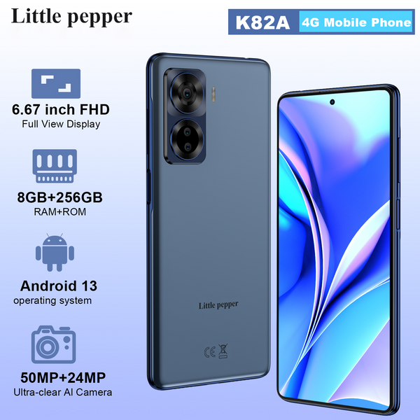 Little pepper Cell phones 6.67 Inch FHD+ Full View Display, 50MP AI Camera, 8GB RAM, 256GB ROM, Android 13, 4G Mobile Phone