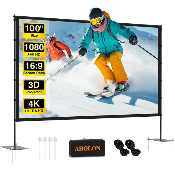 AHOLON Projection screens Outdoor Projector Screen with Stand - 100 Inch Portable Projector Screen Indoor and Outdoor Projector Screens 16:9 5K HD Wrinkle Free Lightweight Movie Screen with Carry Bag,Enioy Movie Nights