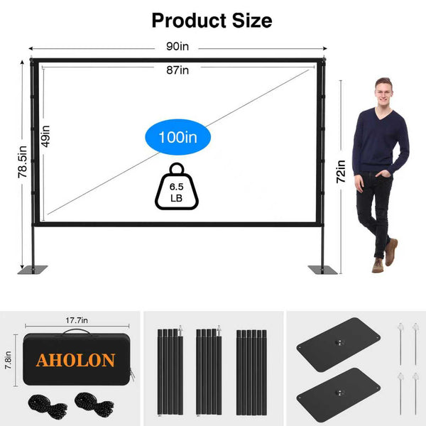 AHOLON Projection screens Outdoor Projector Screen with Stand - 100 Inch Portable Projector Screen Indoor and Outdoor Projector Screens 16:9 5K HD Wrinkle Free Lightweight Movie Screen with Carry Bag,Enioy Movie Nights