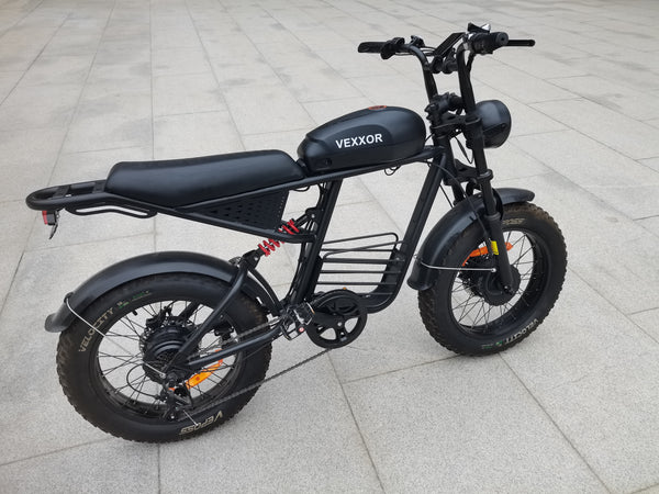 VEXXOR Motorized bicycles Retro Chopper Style Electric Bicycle with Front Suspension, 20 Inch Wheels, 7 Speed, Black