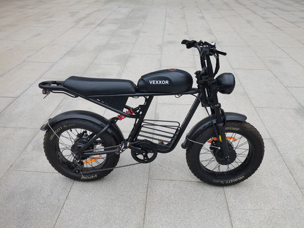 VEXXOR Motorized bicycles Retro Chopper Style Electric Bicycle with Front Suspension, 20 Inch Wheels, 7 Speed, Black