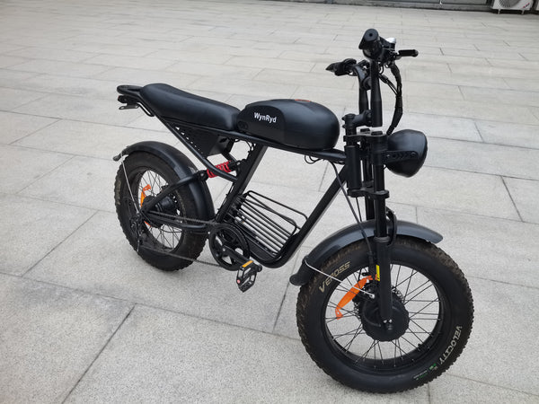 WynRyd Motorized bicycles Black Matte Finish, Fat Tire, 20 Inch Wheels, Front and Rear Suspension