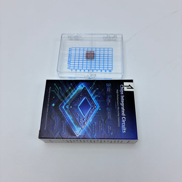 chips [integrated circuits] Integrated circuit chip, semiconductor IC bare chip, with transparent storage box