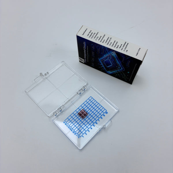 chips [integrated circuits] Integrated circuit chip, semiconductor IC bare chip, with transparent storage box