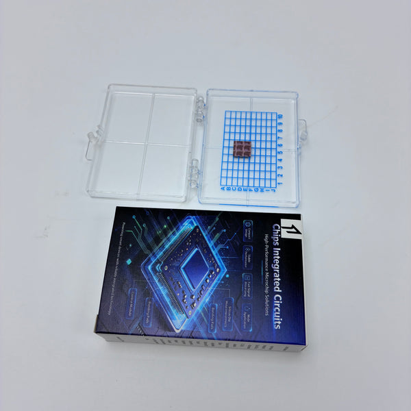 chips [integrated circuits] Integrated circuit chip, semiconductor IC bare chip, with transparent storage box