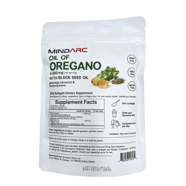 MINDARC Vitamin and mineral supplements 6000mg Oregano Oil + 200mg Black Seed Oil per Serving, 300 Softgels, Non-GMO, Gluten & Dairy Free