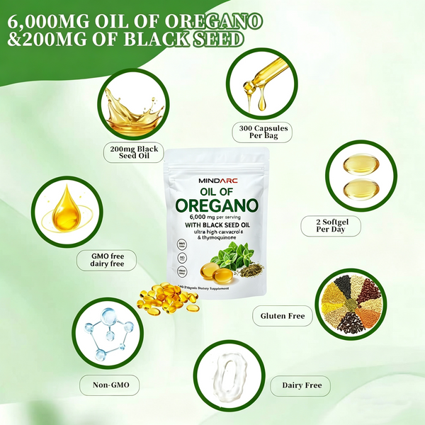 MINDARC Vitamin and mineral supplements 6000mg Oregano Oil + 200mg Black Seed Oil per Serving, 300 Softgels, Non-GMO, Gluten & Dairy Free