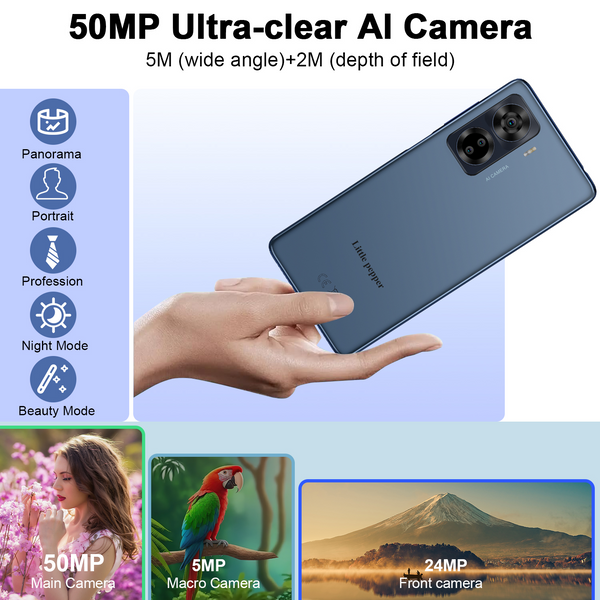 Little pepper Cell phones 6.67 Inch FHD+ Full View Display, 50MP AI Camera, 8GB RAM, 256GB ROM, Android 13, 4G Mobile Phone