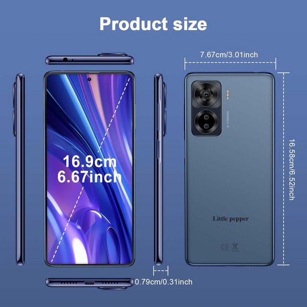 Little pepper Cell phones 6.67 Inch FHD+ Full View Display, 50MP AI Camera, 8GB RAM, 256GB ROM, Android 13, 4G Mobile Phone