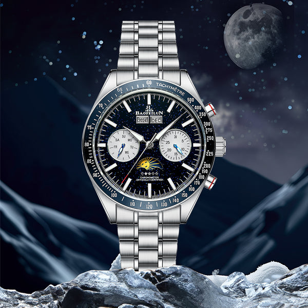 BAOFEILUN Watches Mechanical Watch, 42mm Stainless Steel Case, Multi-Function Display with Moon Phase