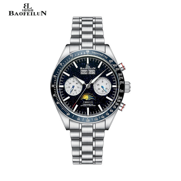BAOFEILUN Watches Mechanical Watch, 42mm Stainless Steel Case, Multi-Function Display with Moon Phase