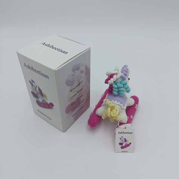 Ashibeetisan Knitted toys Handmade Crochet Unicorn Toy, 5 inches, Cotton Thread, Colorful with Pink Base