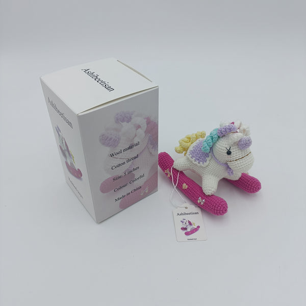 Ashibeetisan Knitted toys Handmade Crochet Unicorn Toy, 5 inches, Cotton Thread, Colorful with Pink Base
