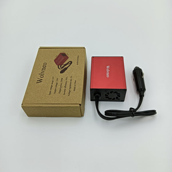 Wolvneo power inverters 150W Power Inverter, Red Aluminum, 12V DC to 110V AC Converter with USB Ports