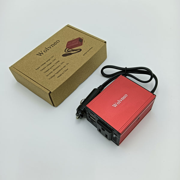 Wolvneo power inverters 150W Power Inverter, Red Aluminum, 12V DC to 110V AC Converter with USB Ports