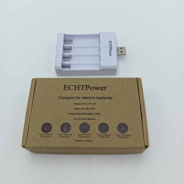 ECHTPower Chargers for electric batteries USB Battery Charger, 4-Slot Independent Charging Station for AA AAA Batteries