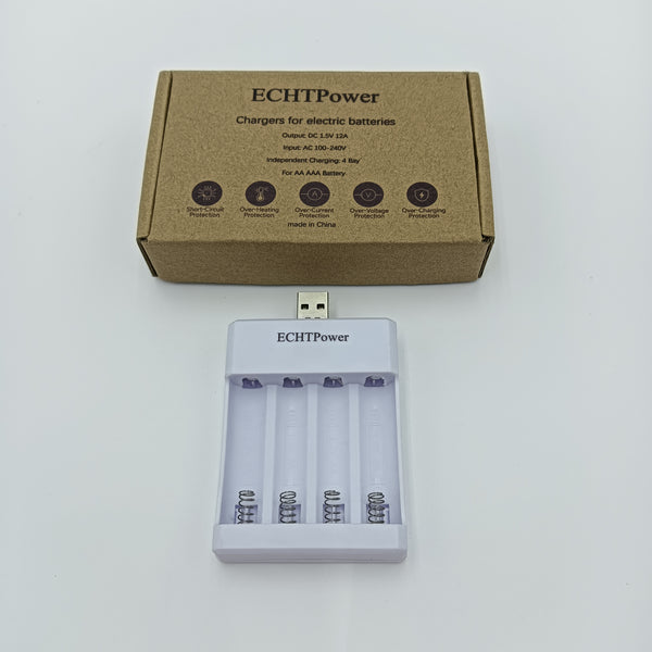 ECHTPower Chargers for electric batteries USB Battery Charger, 4-Slot Independent Charging Station for AA AAA Batteries