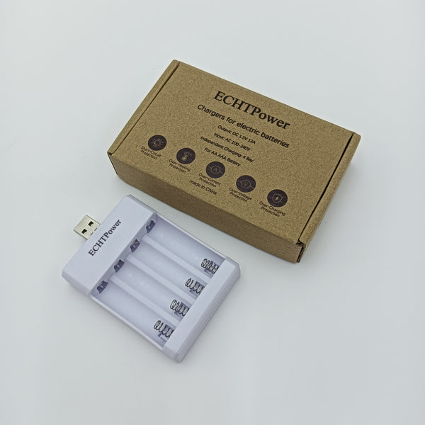 ECHTPower Chargers for electric batteries USB Battery Charger, 4-Slot Independent Charging Station for AA AAA Batteries
