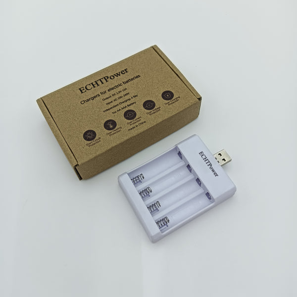 ECHTPower Chargers for electric batteries USB Battery Charger, 4-Slot Independent Charging Station for AA AAA Batteries