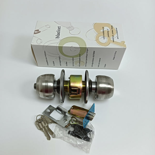 blaeloet Lock installation kit consisting of metal lock, screws, hinges, and a screwdriver Door Knob Lock Set with Keys, Complete Installation Kit with Latch, Screws and Hardware