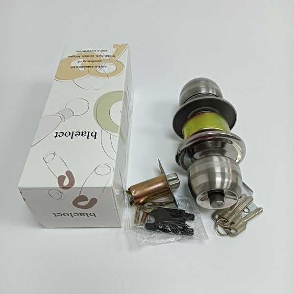 blaeloet Lock installation kit consisting of metal lock, screws, hinges, and a screwdriver Door Knob Lock Set with Keys, Complete Installation Kit with Latch, Screws and Hardware