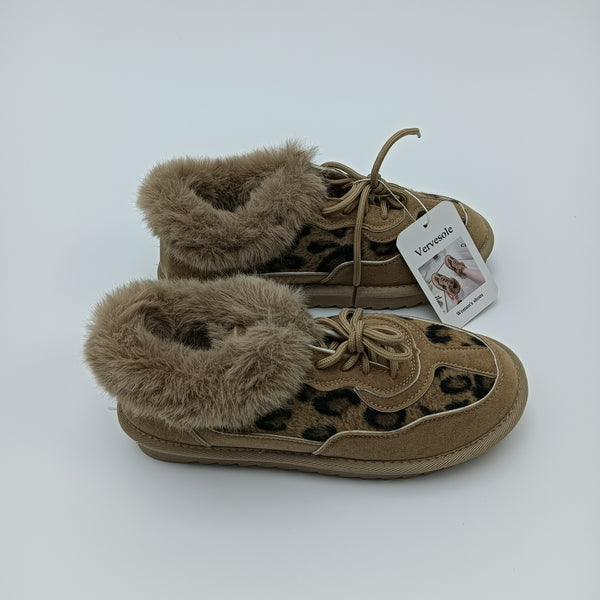 Vervesole Women's shoes Women's Leopard Print Faux Fur Lined Lace-Up Winter Boots, Taupe, Rubber and Synthetic Fiber