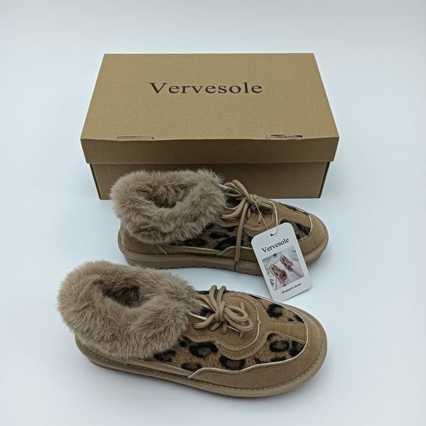 Vervesole Women's shoes Women's Leopard Print Faux Fur Lined Lace-Up Winter Boots, Taupe, Rubber and Synthetic Fiber