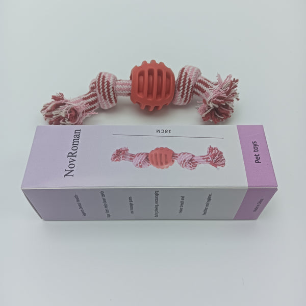 NovRoman Pet toys Dog Rope Toy with Rubber Ball, Pink and White Cotton Rope, Dental Health Chew Toy