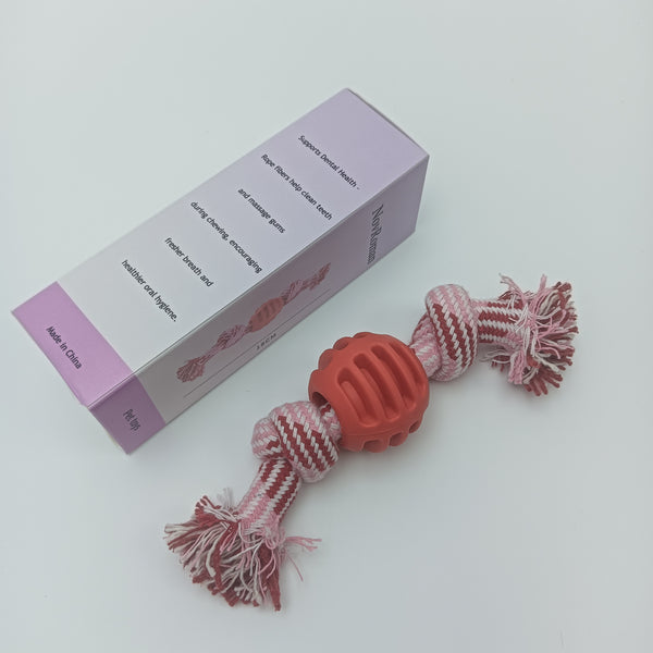NovRoman Pet toys Dog Rope Toy with Rubber Ball, Pink and White Cotton Rope, Dental Health Chew Toy
