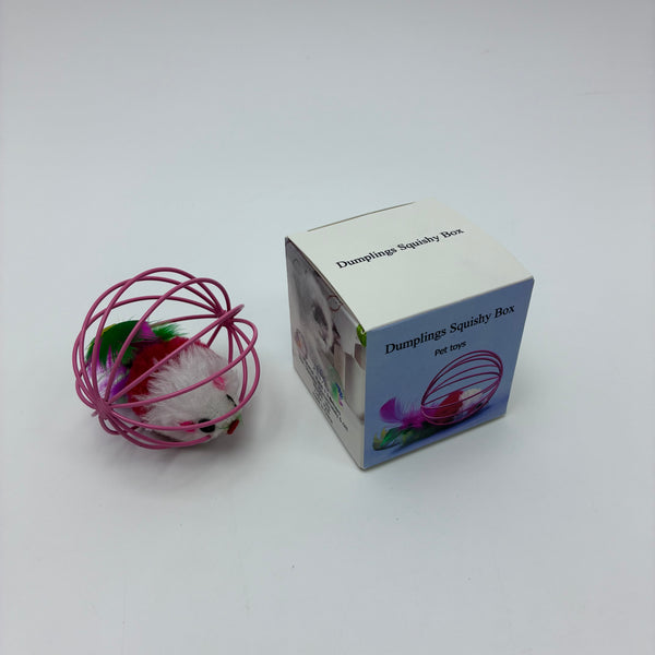 Dumplings Squishy Box Pet toys Interactive Cat Toy with Feathers, Metal Wire Cage for Indoor Cats