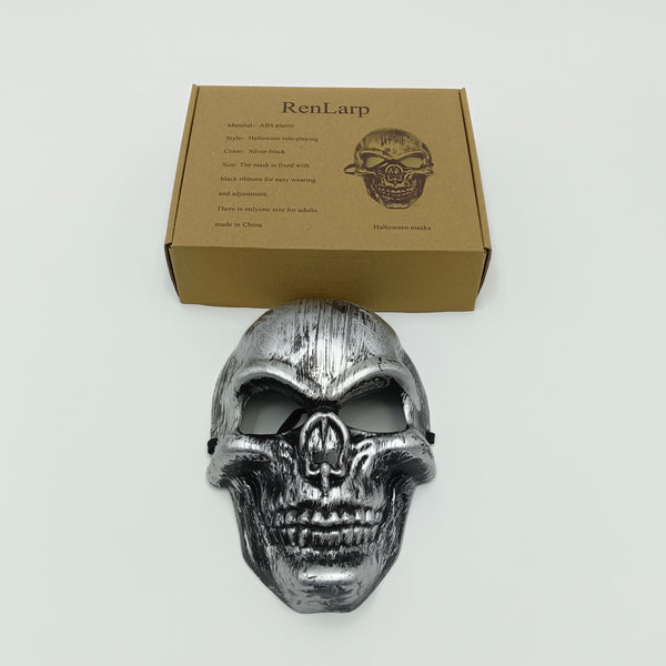 RenLarp Halloween masks Halloween Skull Mask, Silver-Black, ABS Plastic, Adult Size with Adjustable Straps