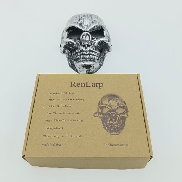 RenLarp Halloween masks Halloween Skull Mask, Silver-Black, ABS Plastic, Adult Size with Adjustable Straps