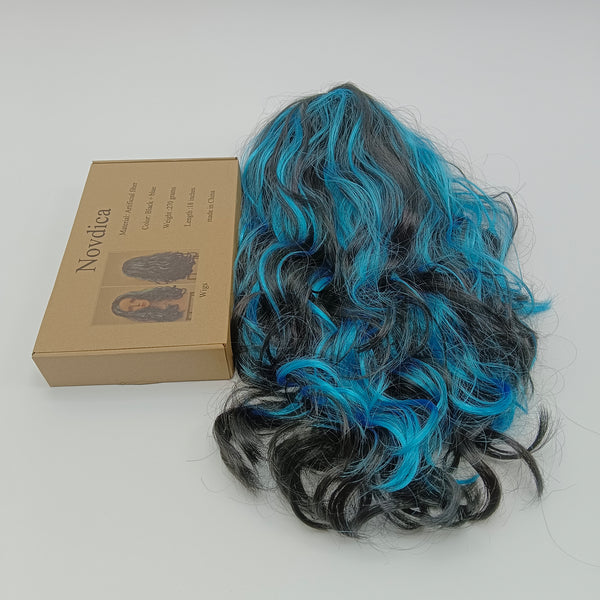 Novdica Wigs Curly Wavy Wig, Black and Blue Two-Tone, Synthetic Hair, 18 Inches Long, 270 Grams