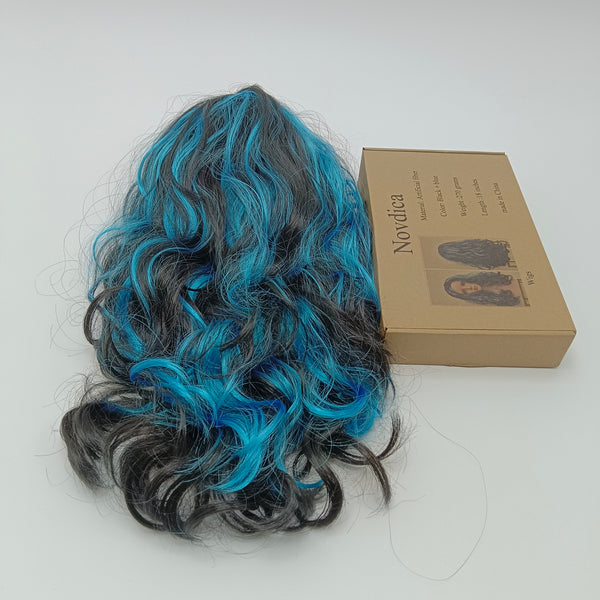 Novdica Wigs Curly Wavy Wig, Black and Blue Two-Tone, Synthetic Hair, 18 Inches Long, 270 Grams