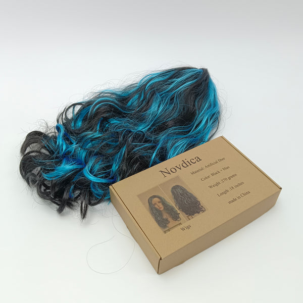 Novdica Wigs Curly Wavy Wig, Black and Blue Two-Tone, Synthetic Hair, 18 Inches Long, 270 Grams