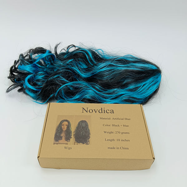 Novdica Wigs Curly Wavy Wig, Black and Blue Two-Tone, Synthetic Hair, 18 Inches Long, 270 Grams