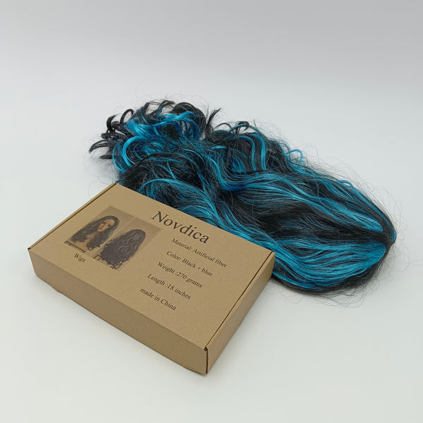 Novdica Wigs Curly Wavy Wig, Black and Blue Two-Tone, Synthetic Hair, 18 Inches Long, 270 Grams