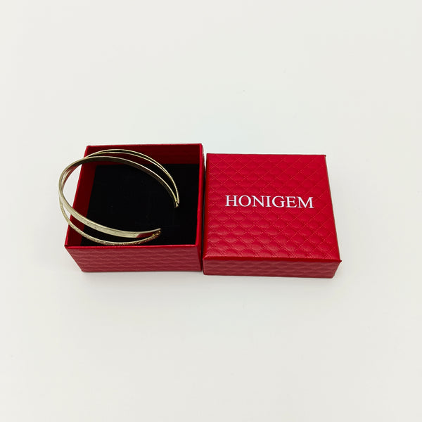 HONIGEM Bracelets Double Layer Open Cuff Bracelet, Gold Tone Metal, Textured Design with Gift Box