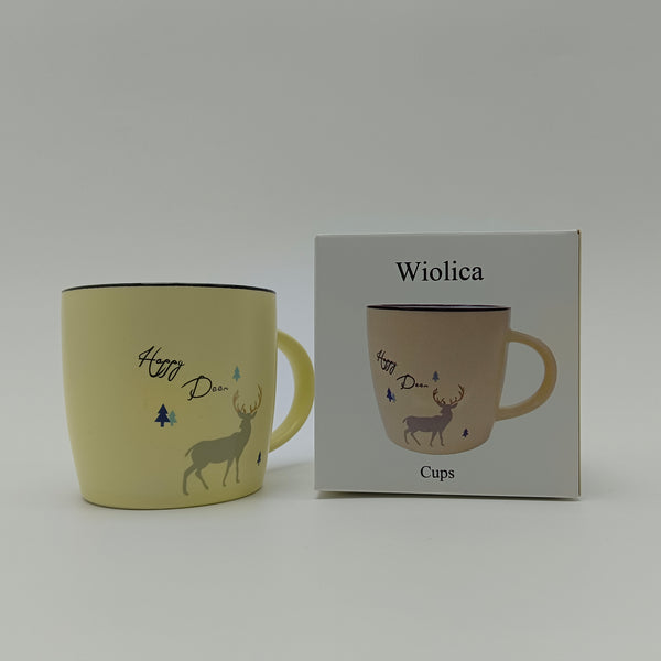 Wiolica Cups Ceramic Coffee Mug with Deer Design, Yellow, 380ml Capacity