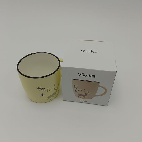 Wiolica Cups Ceramic Coffee Mug with Deer Design, Yellow, 380ml Capacity