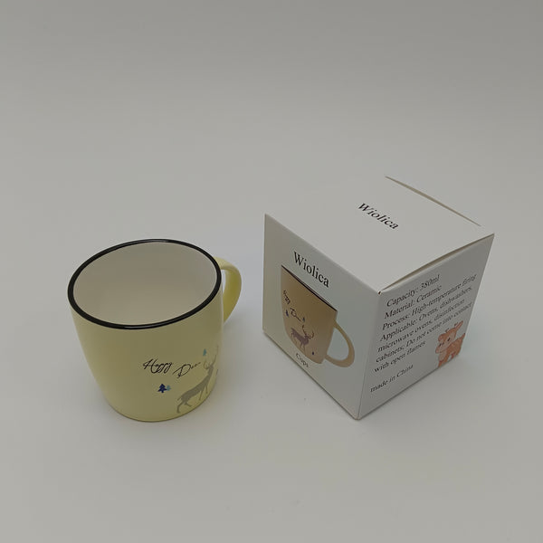Wiolica Cups Ceramic Coffee Mug with Deer Design, Yellow, 380ml Capacity