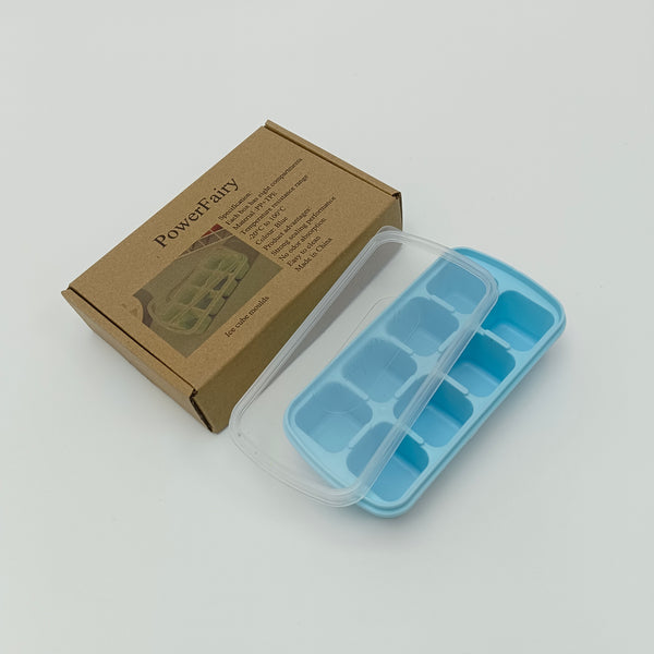 PowerFairy Ice cube moulds Blue Ice Cube Molds with Lid, 8 Compartments, PP+TPE Material, Rectangular Shape