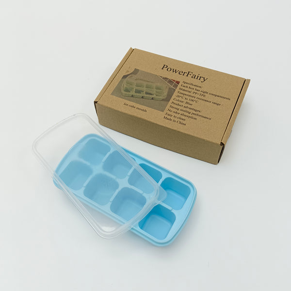 PowerFairy Ice cube moulds Blue Ice Cube Molds with Lid, 8 Compartments, PP+TPE Material, Rectangular Shape