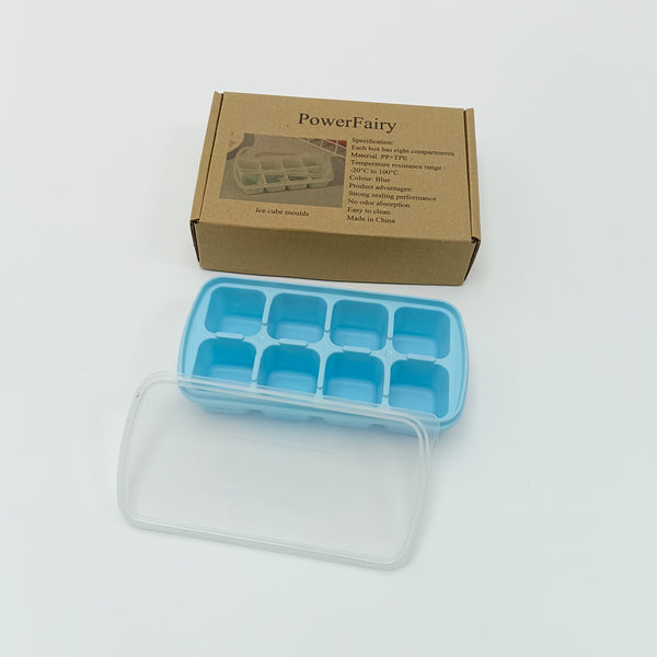 PowerFairy Ice cube moulds Blue Ice Cube Molds with Lid, 8 Compartments, PP+TPE Material, Rectangular Shape