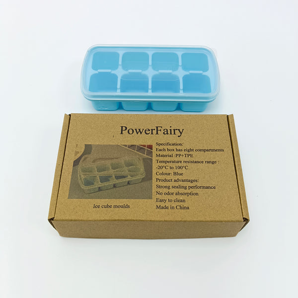 PowerFairy Ice cube moulds Blue Ice Cube Molds with Lid, 8 Compartments, PP+TPE Material, Rectangular Shape