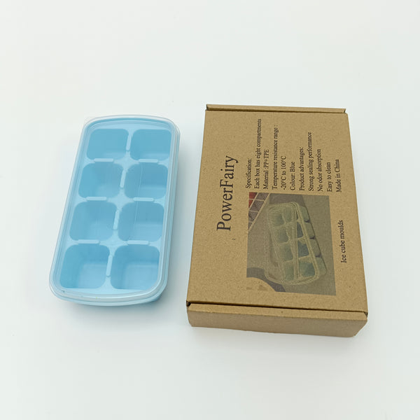 PowerFairy Ice cube moulds Blue Ice Cube Molds with Lid, 8 Compartments, PP+TPE Material, Rectangular Shape