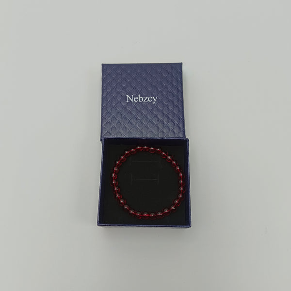 Nebzcy Bangles Natural Red Garnet Beaded Bracelet, Round Polished, Stretch Fit with Gift Box