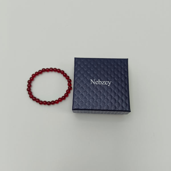 Nebzcy Bangles Natural Red Garnet Beaded Bracelet, Round Polished, Stretch Fit with Gift Box
