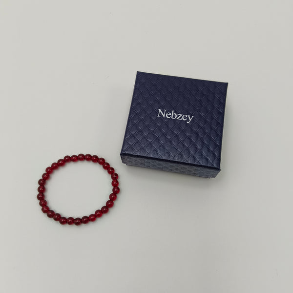Nebzcy Bangles Natural Red Garnet Beaded Bracelet, Round Polished, Stretch Fit with Gift Box